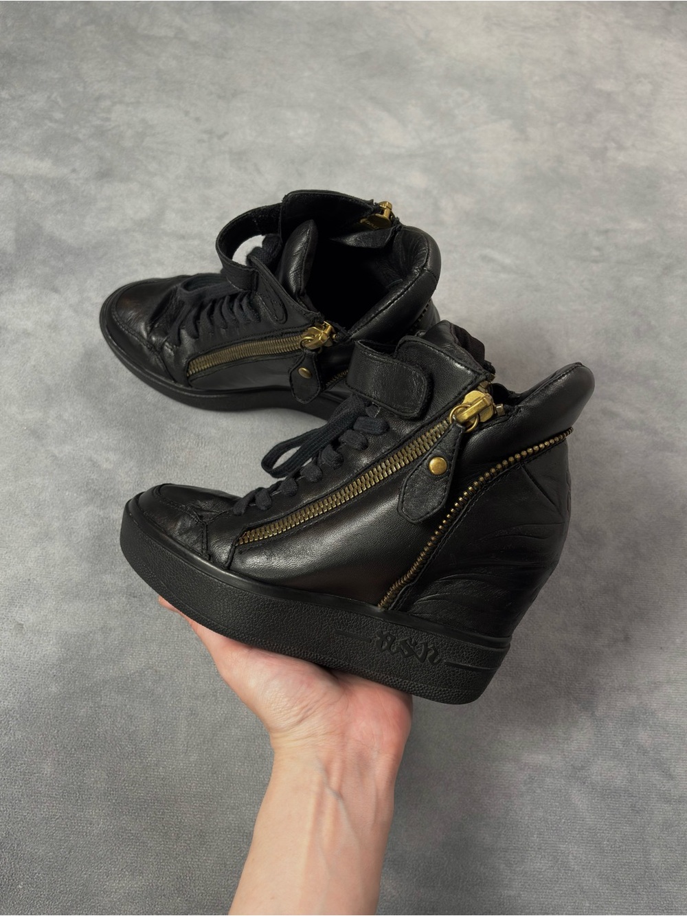 ASH Black Leather Marant Style Wedge High Top Y2K Grunge Biker Sneakers RRP350$